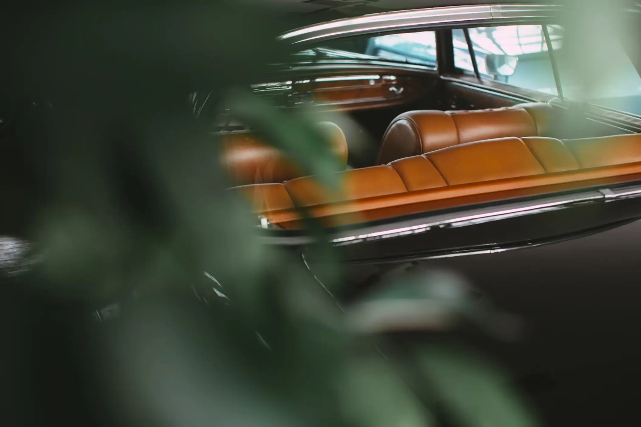 A black car with brown leather seats is shot through blurry foliage in the foreground.